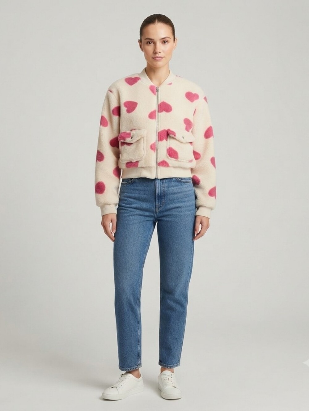 No Boundaries Cream and Pink Heart Bomber Jacket